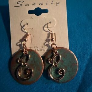 “Grecian” Distressed Green & Gold French Hook Earrings with initials “E”
